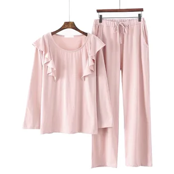 2020 Spring New Ladies Cute Sleepwear Set Full Cotton Solid Color Pink Ruffles Pajamas Set Sweet Loose Homewear Leisure wear
2020 Spring New Ladies Cute Sleepwear Set Full Cotton Solid Color Pink Ruffles Pajamas Set Sweet Loose Homewear Leisure wear