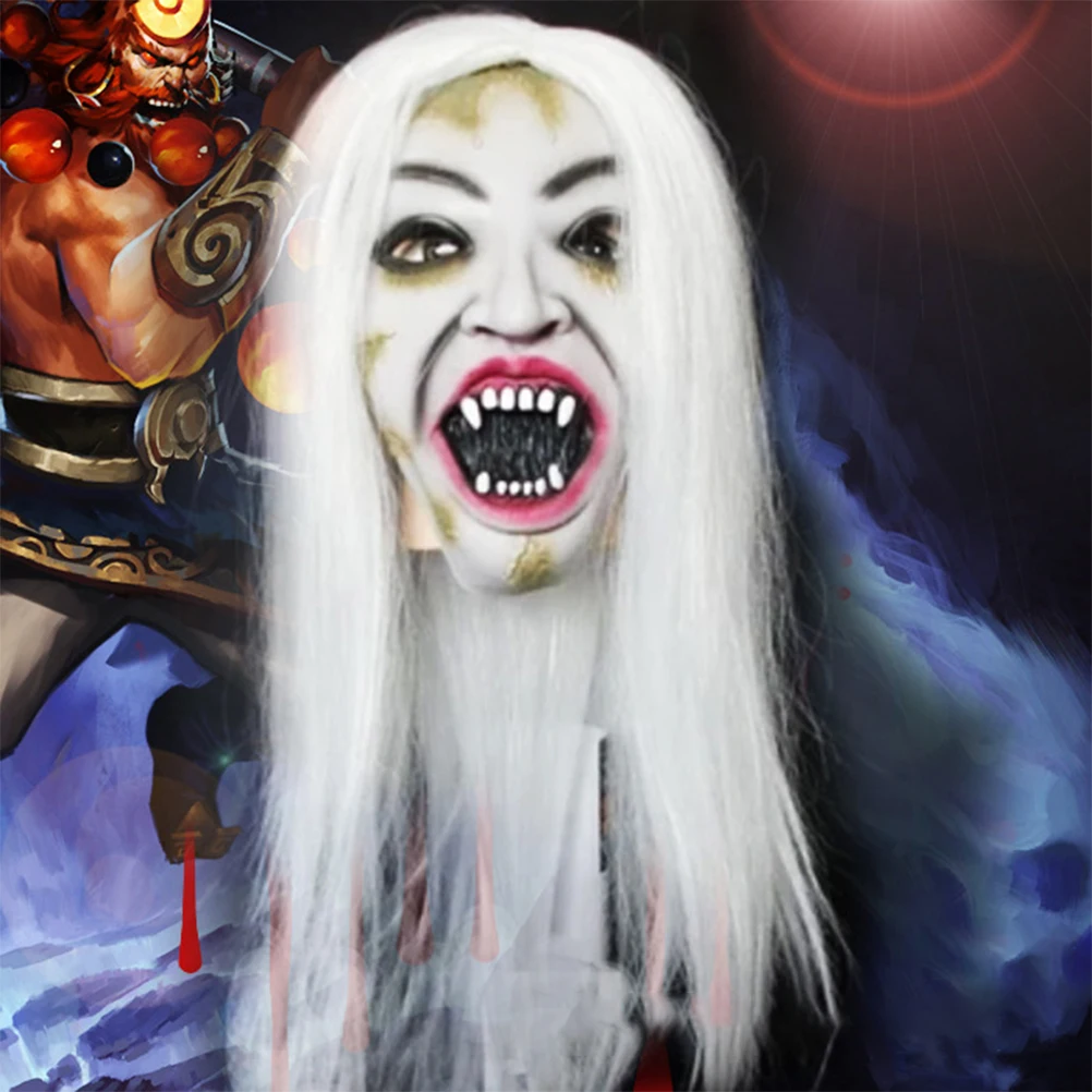 

Scary Halloween Mask Full Face Horror Latex White Hair Witch Full Face Halloween Masks Adult Rotten Terrorist Costume Cosplay