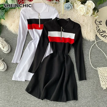 Autumn 2019 Women Long Sleeve Knit Dress Women's Fashion Zippers Lapel Red/White/Black Mini Dress Elegant A-line Vestidos Female 
Autumn 2019 Women Long Sleeve Knit Dress Women's Fashion Zippers Lapel Red/White/Black Mini Dress Elegant A-line Vestidos Female