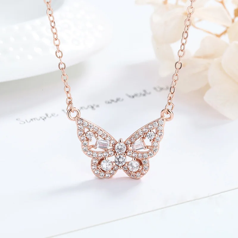 

New Crystal Butterfly Clavicle Chain Silver Color Rose Gold Color Sweet Delicate Sparkling Jewelry Gifts For Lovers