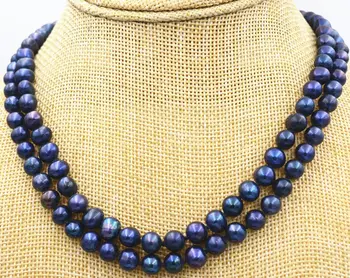 

NEW Beautiful 2 row 7-8mm Black akoya Tahiti Freshwater Pearl Necklace 17-18"