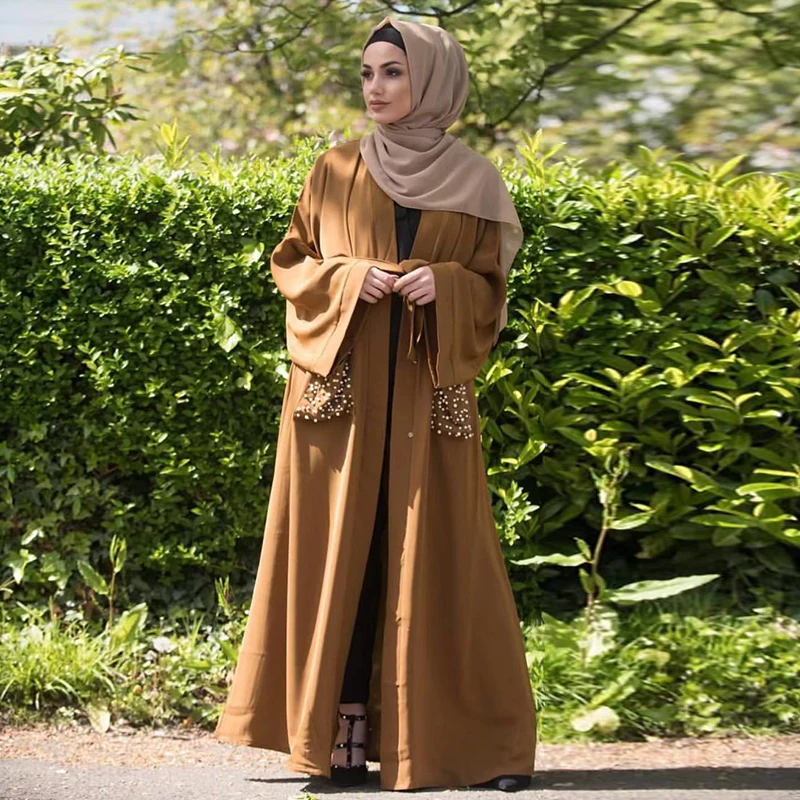 

Siskakia Dubai Abaya Solid Beads Pockets Design Muslim Women's Open Abaya Middle east Arabian Fashion Kimonos Female Spring 2020