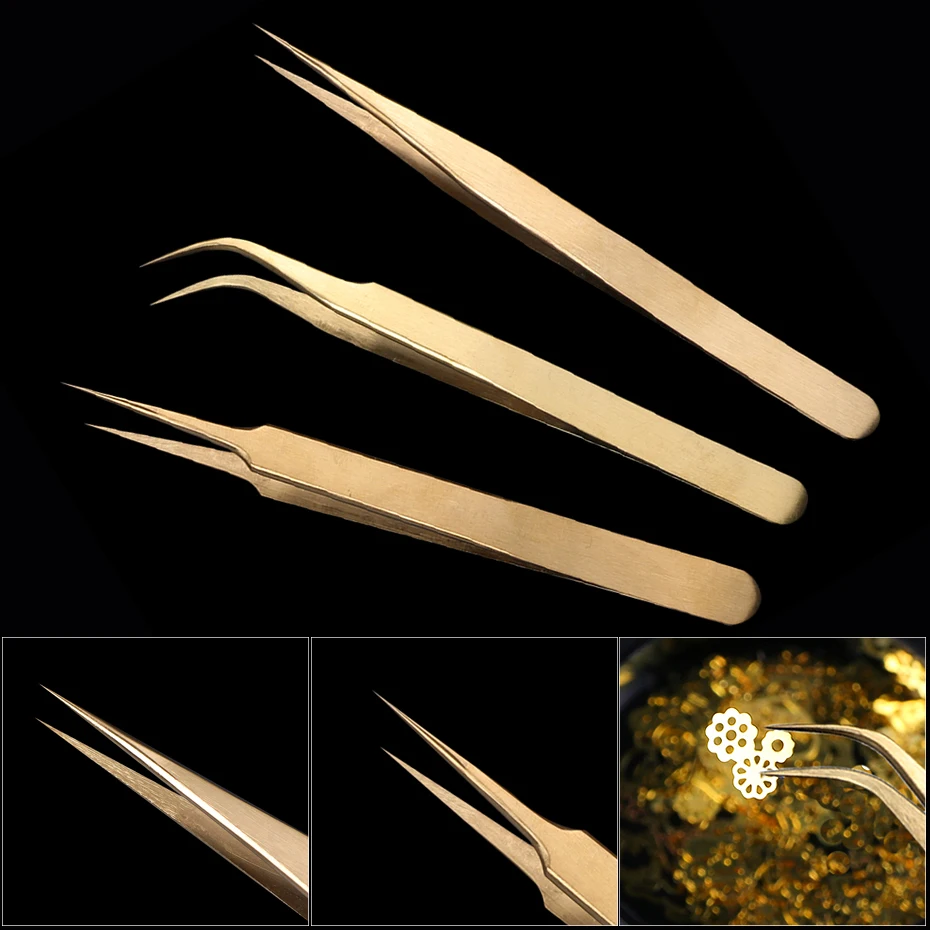3pcs Professional Golden Tweezers Eyelash Curler Lashes Extension Nail Sticker Rhinestone Picker Makeup Tools Accessories LA774 | Красота и