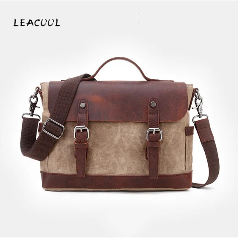 

Retro Crazy Horse Leather Briefcase Men Crossbody Shoulder Bags Oil Wax Canvas Handbag 15.6 Inch Laptop Bag Bolso Hombre Maleta