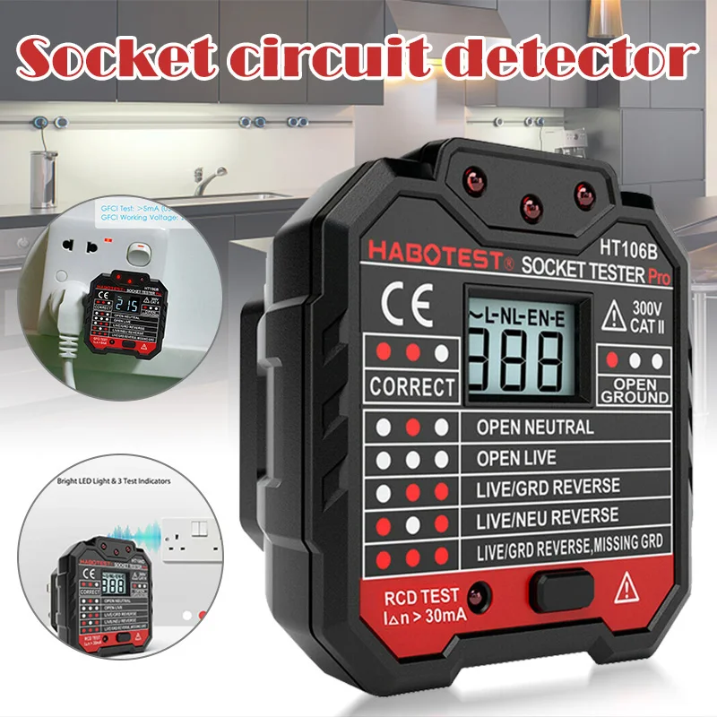 Socket Outlet Tester Circuit Polarity Voltage Wall Plug Breaker Finder with RCD/GFCI FAS6
Socket Outlet Tester Circuit Polarity Voltage Wall Plug Breaker Finder with RCD/GFCI FAS6