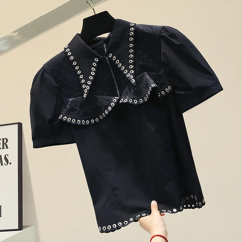 2020 New Summer Short Sleeve Personality Lace White Shirt Female Design Hollow Out Solid Color Office Lady Shirts Blouse Blusas
2020 New Summer Short Sleeve Personality Lace White Shirt Female Design Hollow Out Solid Color Office Lady Shirts Blouse Blusas
