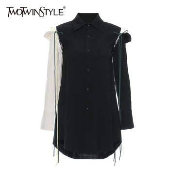 TWOTWINSTYLE Hollow Out Women's Shirt Stand Collar Long Sleeve Bandages Hit Color Patchwork Summer Blouse Female 2020 Summer New
TWOTWINSTYLE Hollow Out Women's Shirt Stand Collar Long Sleeve Bandages Hit Color Patchwork Summer Blouse Female 2020 Summer New