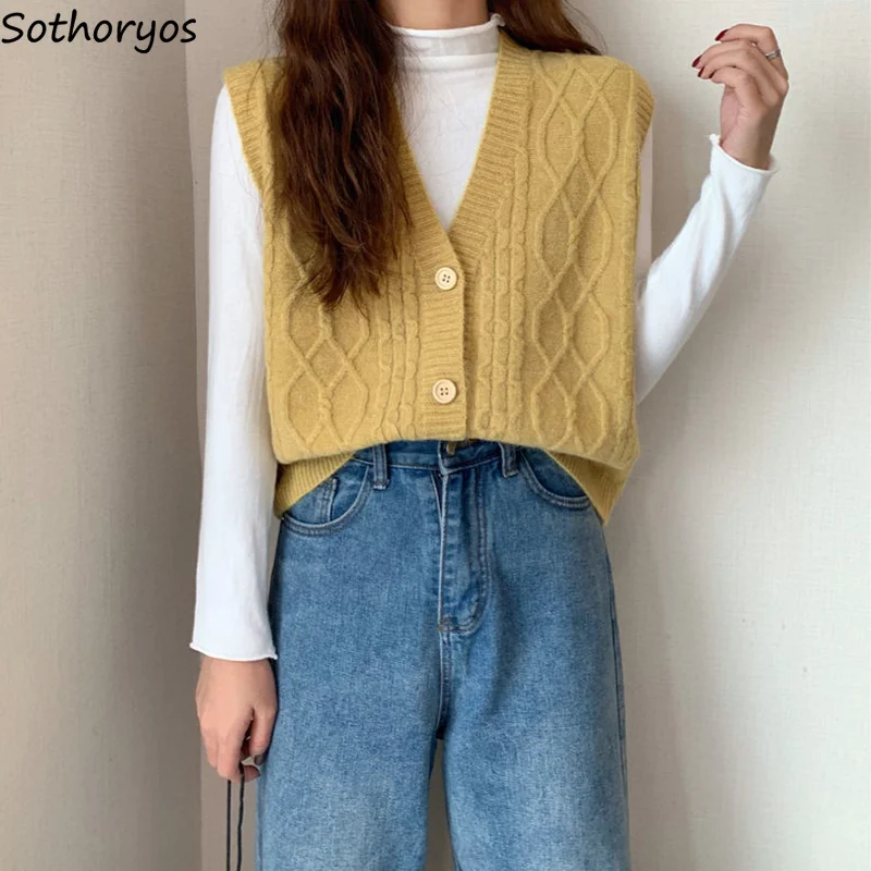 

Women Sweater Vest Fresh Lovely Students Hong Kong Style Retro Outwear Gentle Ulzzang V-neck Single Breasted Leisure Fashion Ins
