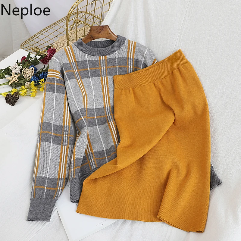 

Neploe Knit 2 Pcs Women Set Autumn Winter Contrast Color Patch Plaid Sweater + High Waist Hip Skirt Conjuntos De Mujer Suit