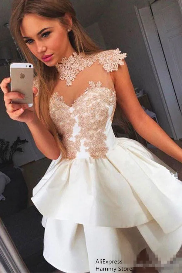 

High Neck Appliqued Tiered Skirt Elie Saab Dresses Short Homecoming Dresses Cap Sleeve Sheer Neck Evening Dress Formal Prom Gown