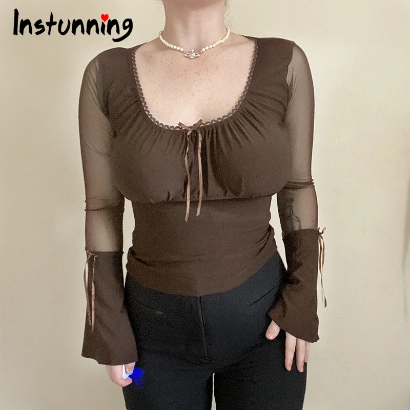 Instunning Flare Sleeve Full Sleeve Women's T-shirts Mesh Patchwork Transparent High street Vintage T-shirt Casual Ruched Tops
Instunning Flare Sleeve Full Sleeve Women's T-shirts Mesh Patchwork Transparent High street Vintage T-shirt Casual Ruched Tops