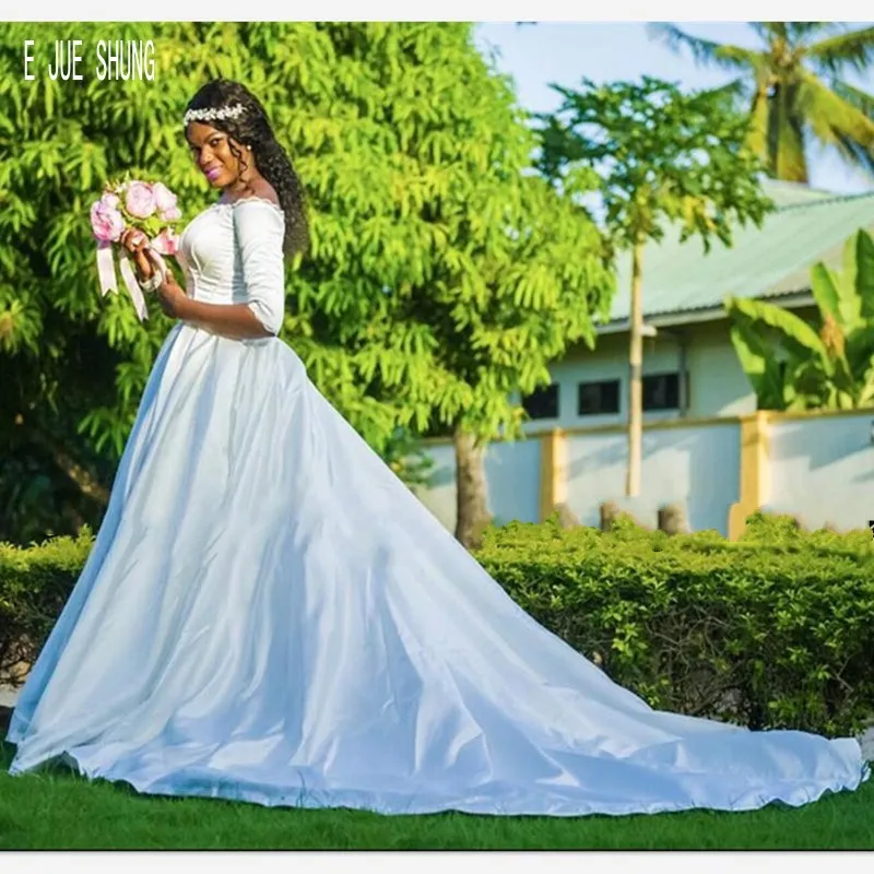 E JUE SHUNG Simple Elegant Wedding Dresses Boat Neck Half Sleeves Lace Up Back African Women Bridal Dresses Vestido De Noiva
E JUE SHUNG Simple Elegant Wedding Dresses Boat Neck Half Sleeves Lace Up Back African Women Bridal Dresses Vestido De Noiva