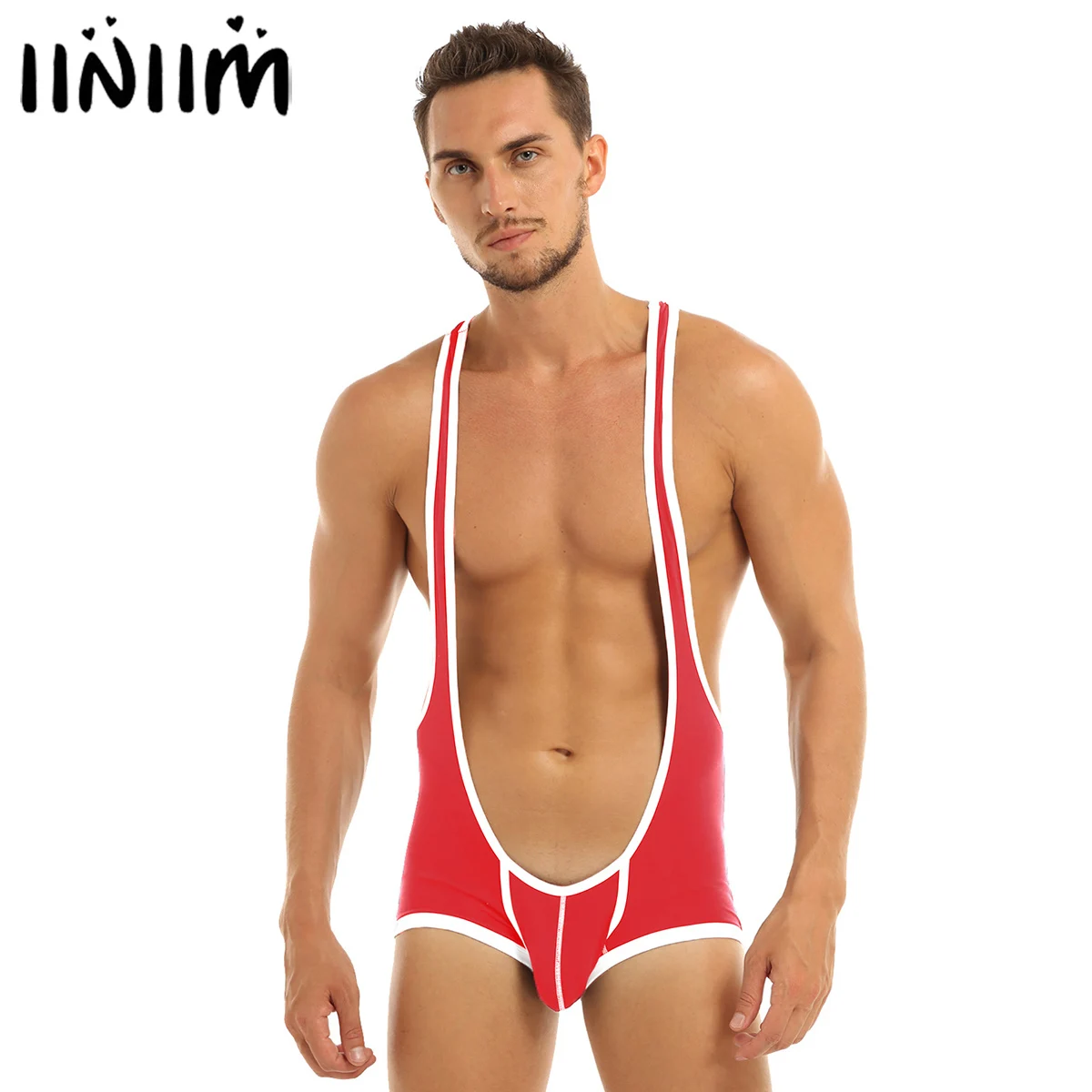 

iiniim Mens Sexy Lingerie Bodystocking Wrestling Suspenders Singlet Mankini Jockstraps Bulge Pouch Boxer Underwear Bodysuit