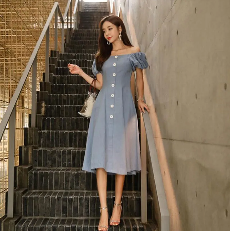 Fashion Nice Summer Women Slash Neck Summer Dress Single Breasted Off Shoulder A-Line Dresses Button Puff Sleeve Party Dress
Fashion Nice Summer Women Slash Neck Summer Dress Single Breasted Off Shoulder A-Line Dresses Button Puff Sleeve Party Dress