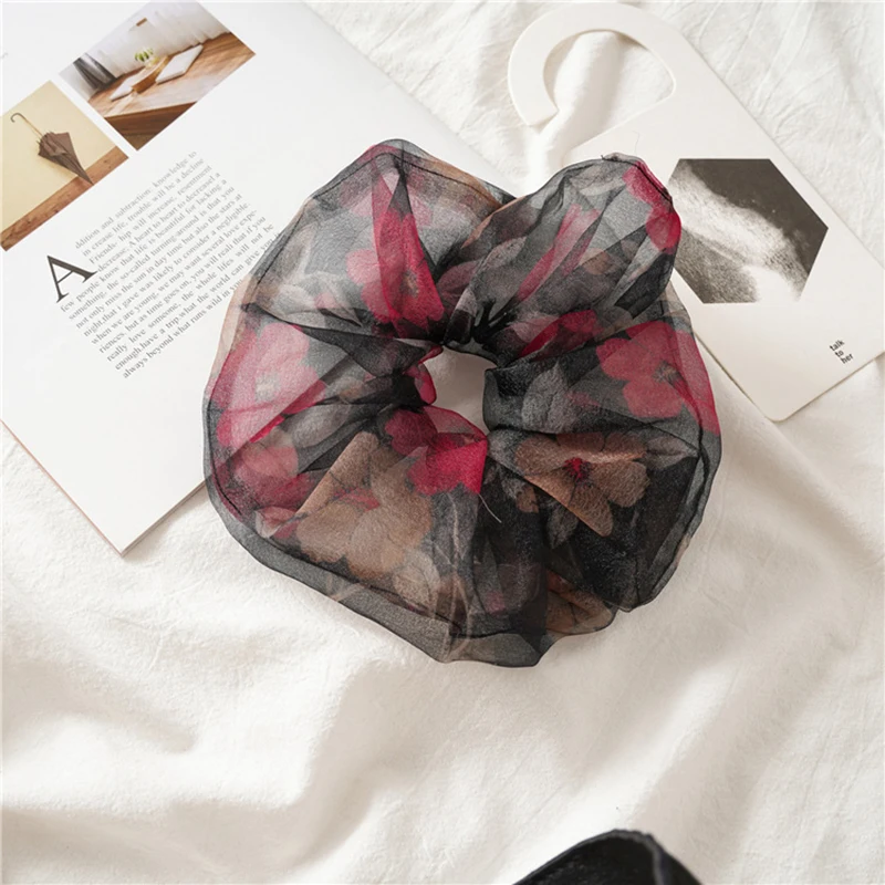 Organza Sheer Scrunchies Floral Print Fashion Ponytail Holder Elastic Hair Tie N