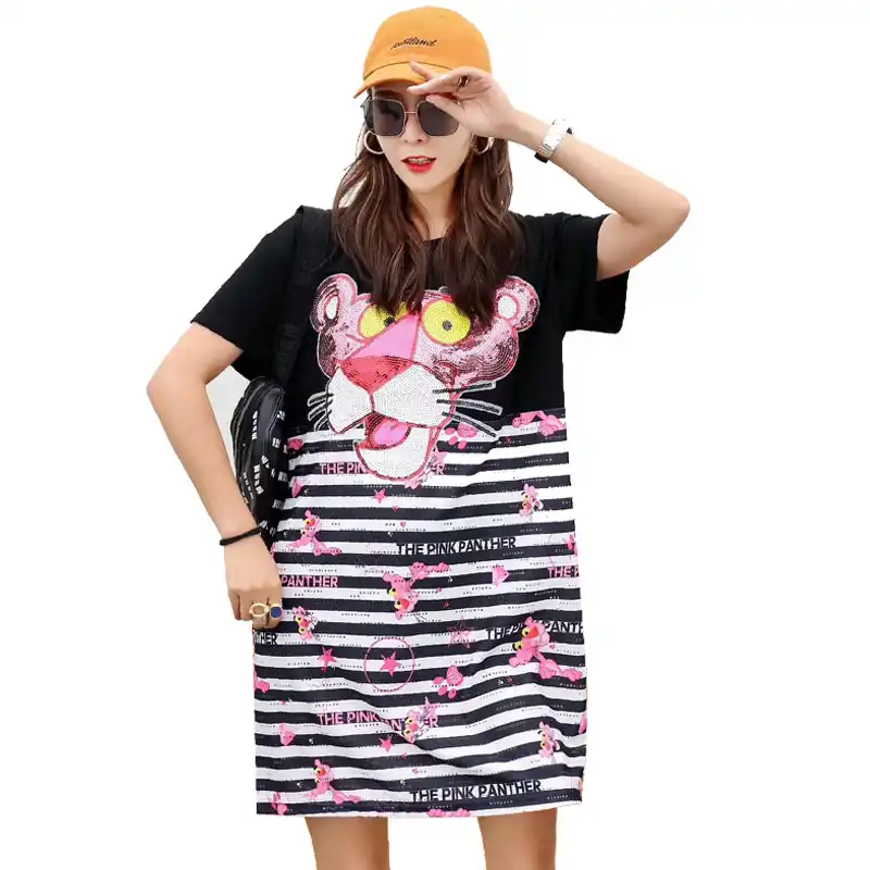 清moスパンコール動物ドレス女性ピンクパンサーtシャツドレス白のストライプのドレスパッチワーク半袖tシャツzldm100 Gooum