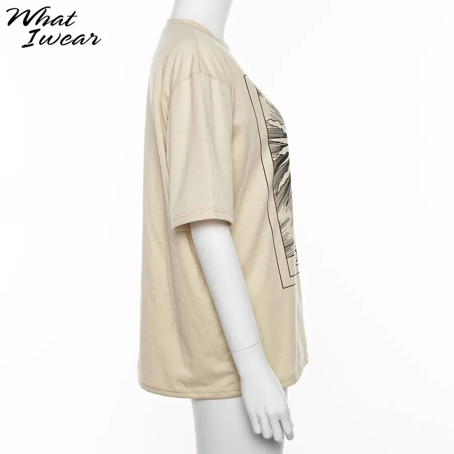 Women casual fashion t-shirt khaki letter sun moon print loose o-neck half sleeve elastic stretched summer home new