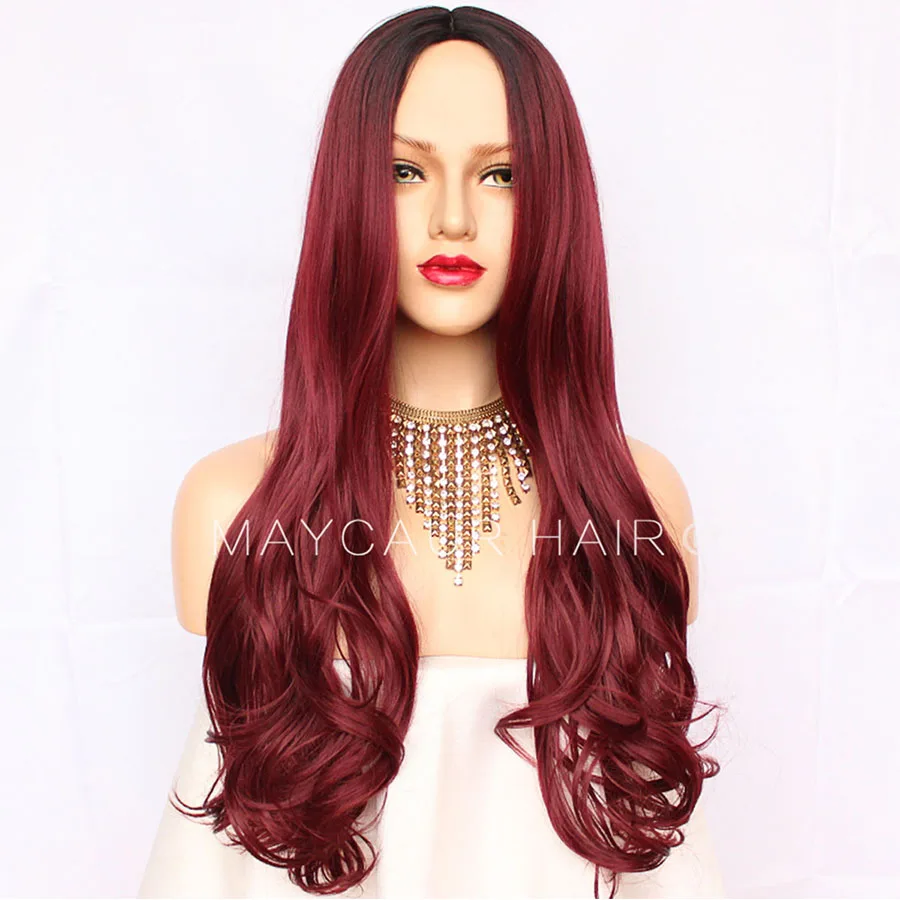 Maycaur Ombre Color Burg Red Wigs Synthetic Heat Resistant Hair Wig 4 Inch Middle Part Long Wavy Glueless Synthetic Wigs For Black Woman (9)