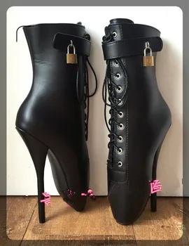 

Black Ballet Boots Women High Heel Spike Black PU Cross Tied Lace Up Mid-Calf Spring and Autumn Boots Plus Size 36-46 Fetish Sho