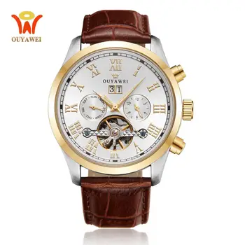

OUYAWEI luxury Automatic Mechanical Mens Watch Fashion Calendar Men Wristwatches leather Band Casual Analog Watch Orologio Uomo