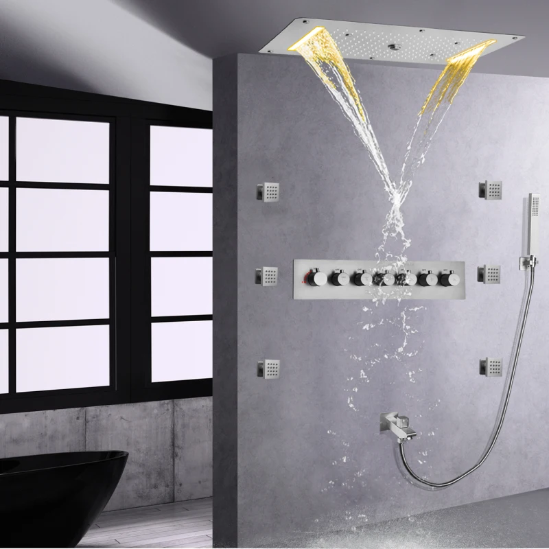 

Brushed Nickel Thermostatic Shower Faucet Set 70X38 CM LED Bathroom Rainfall Waterfall Atomizing Bubble Shower System