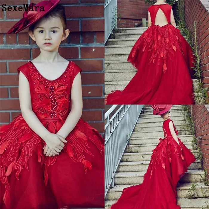 Red Flower Girl Dresses High Low Lace Appliqued Pearls Little Girl Clothes Vintage Girls Pageant Dresses Birthday Party Gown 
Red Flower Girl Dresses High Low Lace Appliqued Pearls Little Girl Clothes Vintage Girls Pageant Dresses Birthday Party Gown