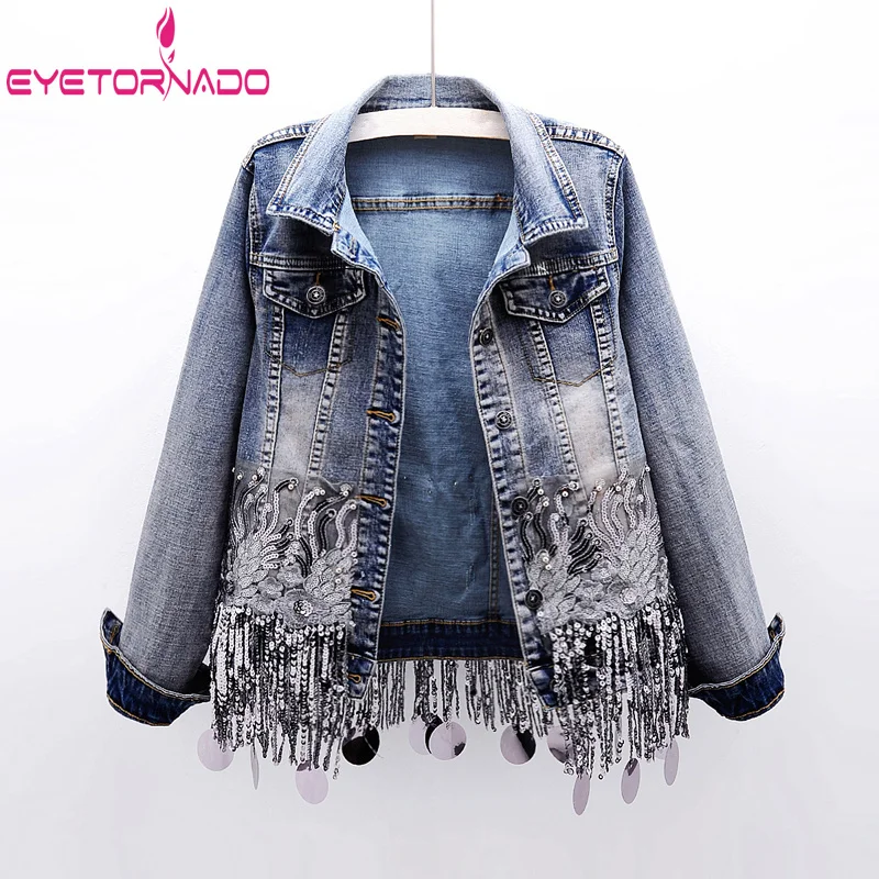 Women Long Sleeved Cowboy Jean Coat Beading Sequined Tassel Vintage Denim Jacket Short Casual Loose Bomber Jackets Casaco
Women Long Sleeved Cowboy Jean Coat Beading Sequined Tassel Vintage Denim Jacket Short Casual Loose Bomber Jackets Casaco