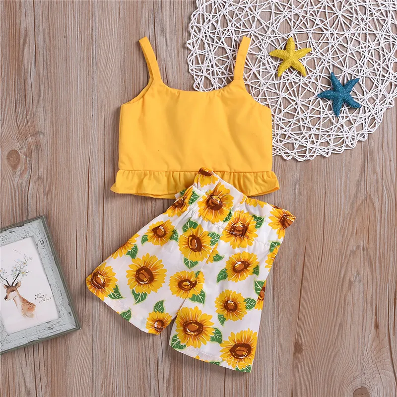 PatPat 2020 New Summer Baby and Toddler Solid Strappy Top and Sunflower Print Shorts Sets PatPat 2020 New Summer Baby and Toddler Solid Strappy Top and Sunflower Print Shorts Sets