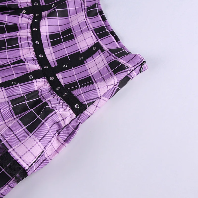 Gothic Lady Cool Sexy Mini Skirt Women Purple Plaid Contrast Color Cross Eyelet Ribbon High Waist Skirts Lace Y2k Harajuku Cloth Gothic Lady Cool Sexy Mini Skirt Women Purple Plaid Contrast Color Cross Eyelet Ribbon High Waist Skirts Lace Y2k Harajuku Cloth