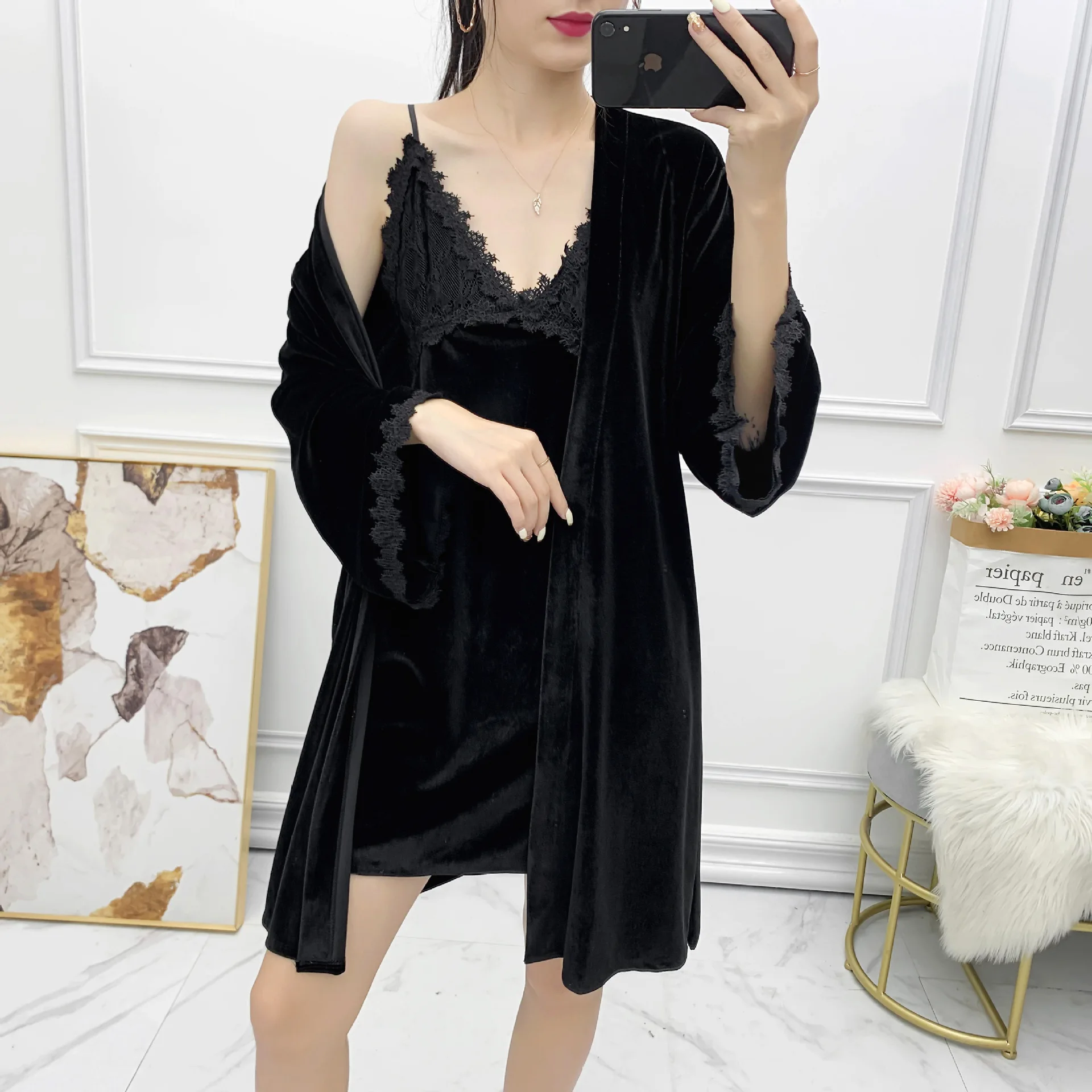 2 шт., Женский бархатный халат-кимоно с длинным рукавом 
2 шт., Женский бархатный халат-кимоно с длинным рукавом