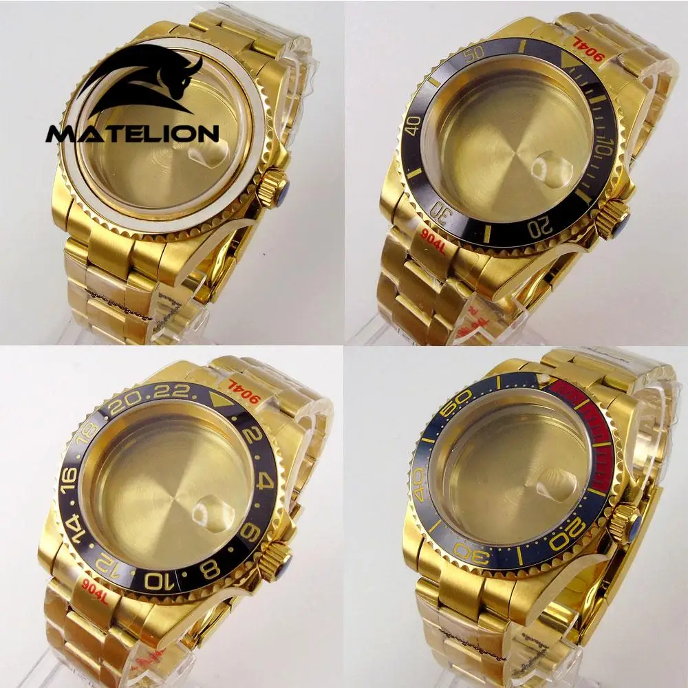 

40mm Gold Plated Sapphire Watch Case+Oyster Bracelet Fit For NH35 Miyota 8215 821A ETA eta 2836 Movement Date Cyclops