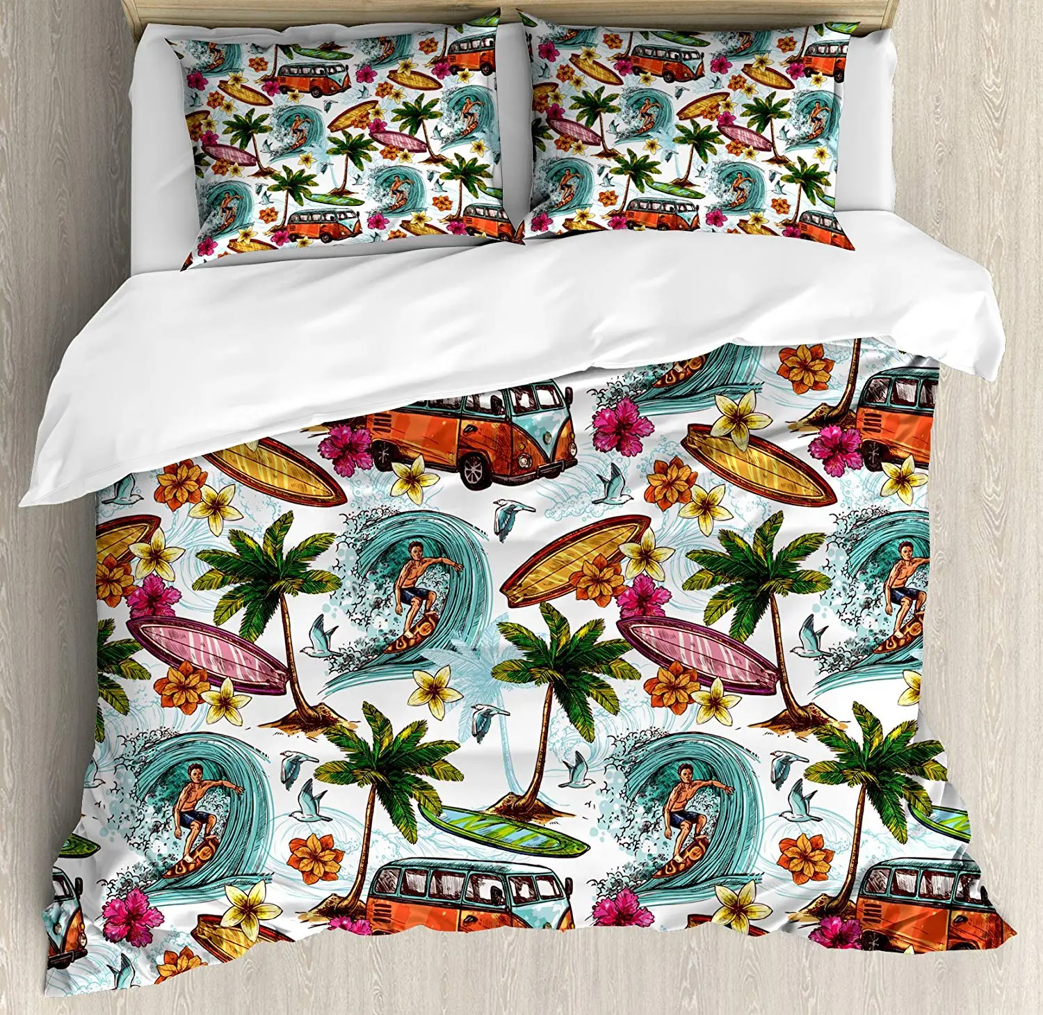 Ocean Duvet Cover Set Hawaiian Surfer on Wavy Deep Sea Retro Style Palm Trees Flowers Surf Boards Print Decorative 3 Piece Bed |