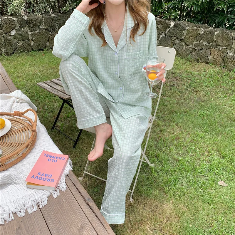 pure cotton casual plaid green sleepwear women home suit long sleeve home clothes autumn winter pants cute pajama set L856
pure cotton casual plaid green sleepwear women home suit long sleeve home clothes autumn winter pants cute pajama set L856