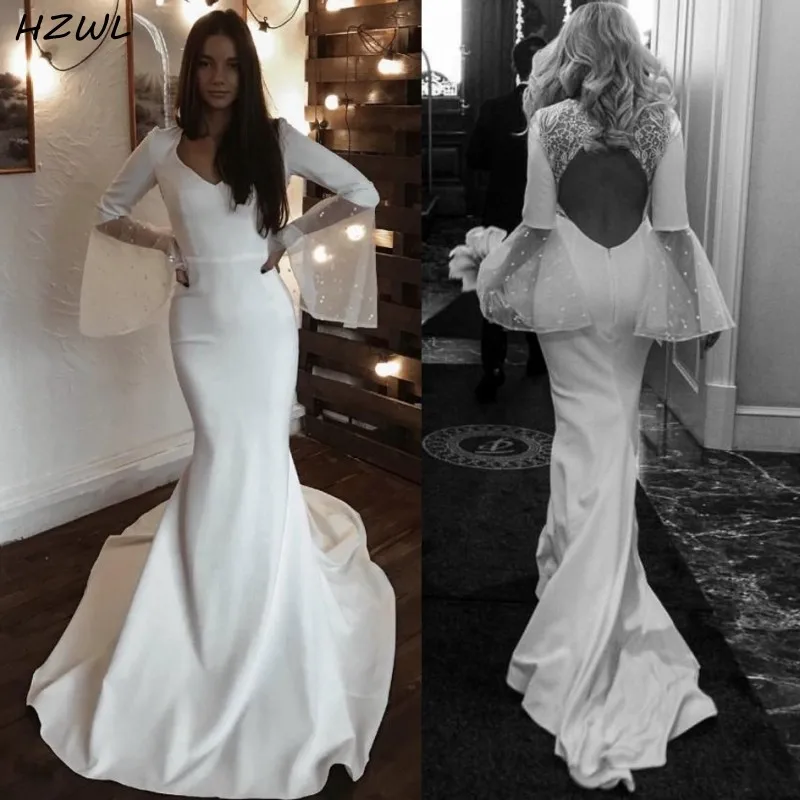 Bohemia Satin Mermaid Wedding Dresses Lace Appliques Open Back Long Sleeves Wedding Dress Flare Sleeves Cheap Bridal Vestidos
Bohemia Satin Mermaid Wedding Dresses Lace Appliques Open Back Long Sleeves Wedding Dress Flare Sleeves Cheap Bridal Vestidos