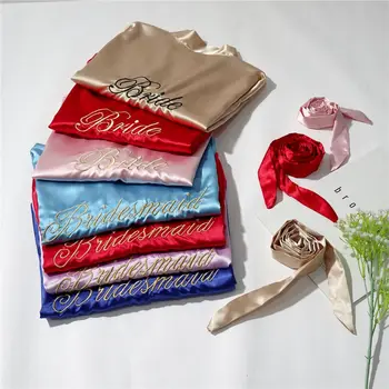 Womens Faux Silk Half Sleeves Short Kimono Bath Robe for Bride Bridesmaid with Gold Embroidery Letters Belted Wedding Sleepwear 
Womens Faux Silk Half Sleeves Short Kimono Bath Robe for Bride Bridesmaid with Gold Embroidery Letters Belted Wedding Sleepwear