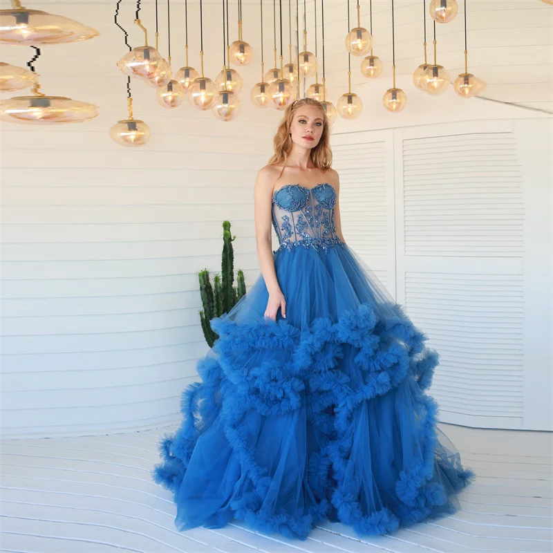 

Royal Blue Celebrity Prom Dresses Off Shoulder Beads Lace Appliques Evening Dress Custom Made Tiered Ruffles A Line Party Gown