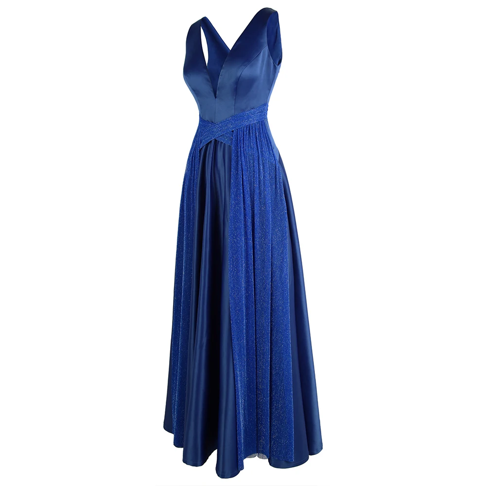 Angel-fashions V Neck Pleated Criss Cross Prom Dress Long Wedding Party Dress Blue 473