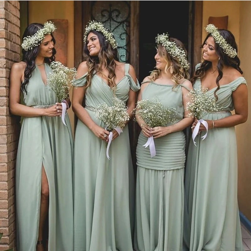 Sage Green Bridesmaid Dresses 2022 Chiffon A-Line Off Shoulder Side Split Pleat Floor Length Wedding Party Gowns With Sashes
Sage Green Bridesmaid Dresses 2022 Chiffon A-Line Off Shoulder Side Split Pleat Floor Length Wedding Party Gowns With Sashes