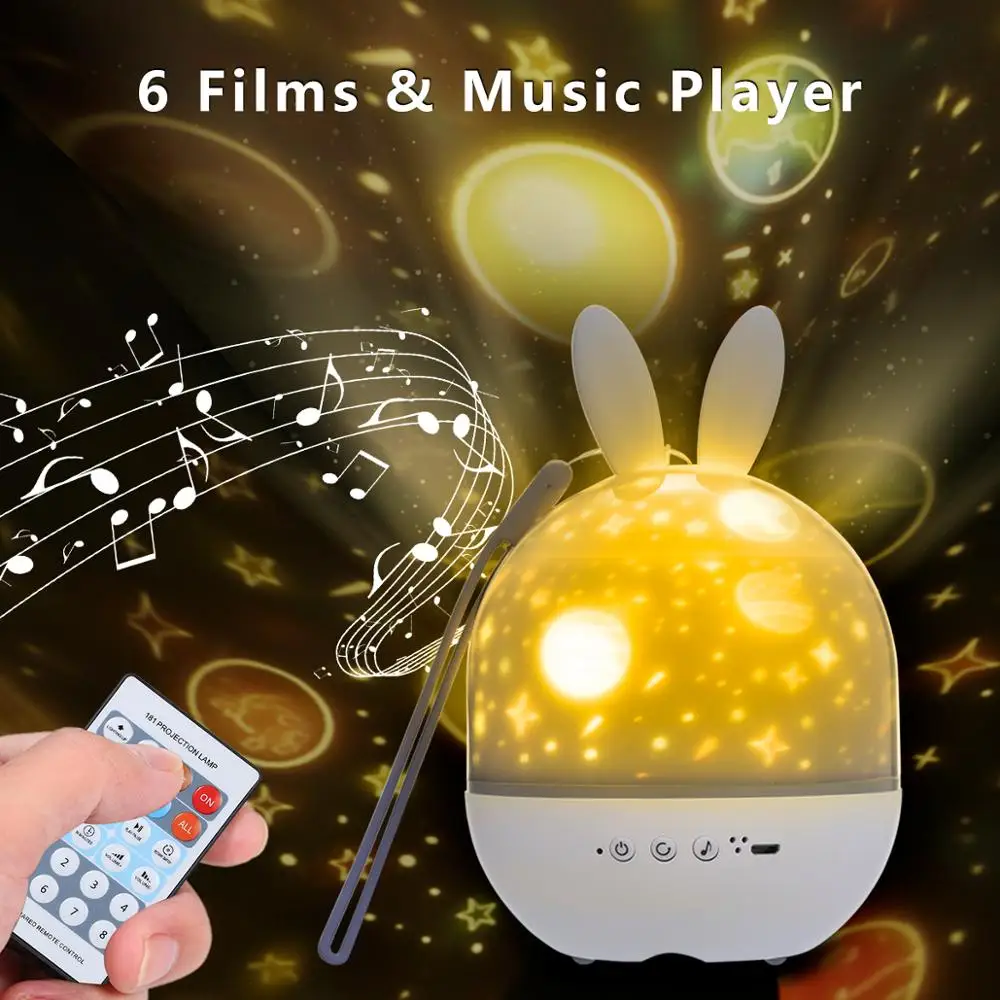 Star Projector Night Light with IR Remote Control Dimmable Rabbits LED Lamp 6 Films 8 Songs Timer Function USB Rechargeable 360°
Star Projector Night Light with IR Remote Control Dimmable Rabbits LED Lamp 6 Films 8 Songs Timer Function USB Rechargeable 360°