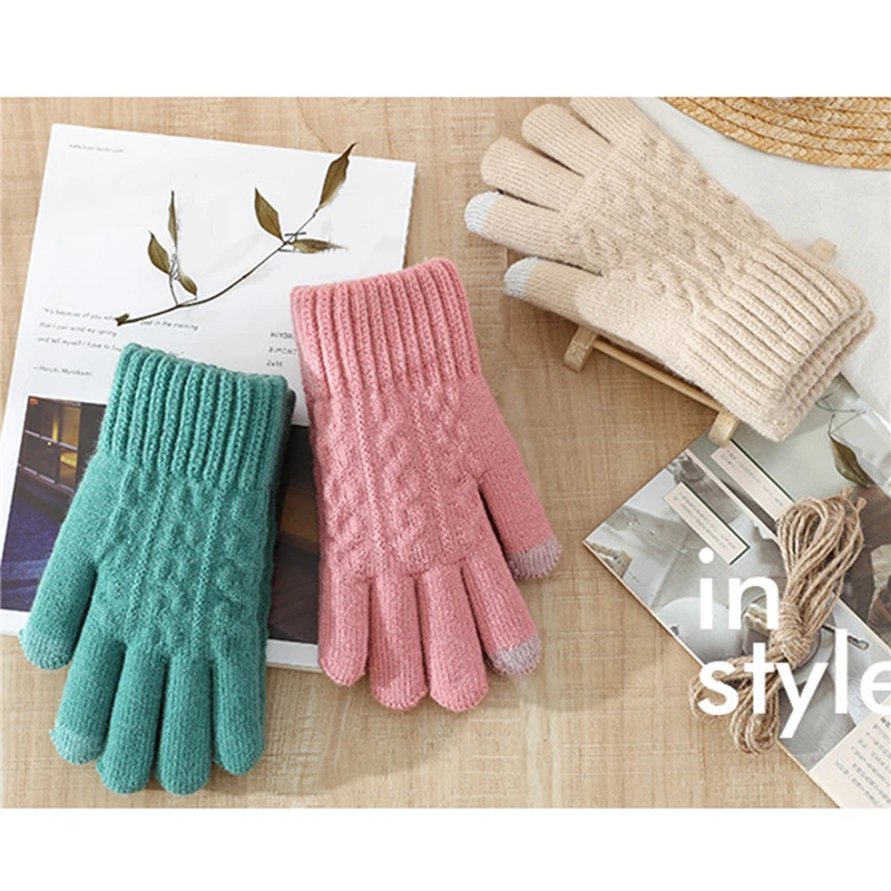 Зимние модные перчатки с сенсорным экраном для женщин милые шерстяные вязаные