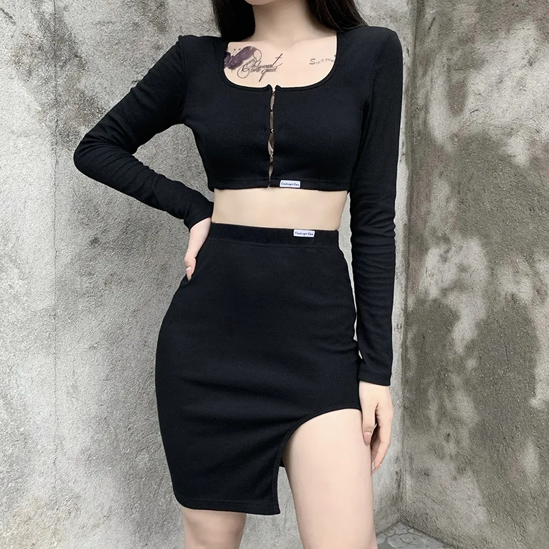 NCLAGEN Women Two Pieces Set Long Sleeve Cropped Top T Shirt High Waist Hip Package Split Skirt Gothic Black Party Tracksuits
NCLAGEN Women Two Pieces Set Long Sleeve Cropped Top T Shirt High Waist Hip Package Split Skirt Gothic Black Party Tracksuits