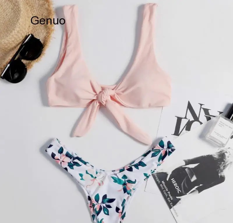 

Women's Swimming Suit Sexy Bikini Front Tie Push Up Padded Swimwear Cut Out Solid Pink Bathing Suit Swimsuit Beachwear 2021