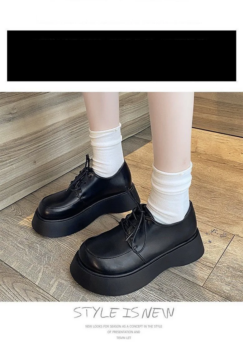 Platforms Shoes Women Bottom Heels Woman Autumn Shoes Round Big toe Shoe British Style Girls Faves Footwear Slip On Black