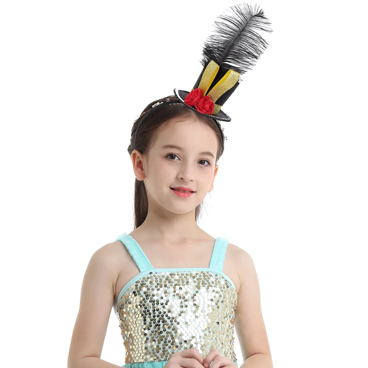 

Kids Girls Halloween Hair Hoop Headdress Fancy Steampunk Mini Top Hat Feather Rose Fascinator Headband Carnival Party Costume