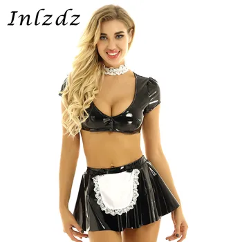 

Women's Maid Carnival Cosplay Costumes Wet Look Patent Leather Outfit Deep V-neck Crop Top with Flared Mini Skirt and Choker