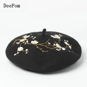 

Embroidered Flower Wool Beret Korean Autumn Winter Hats For Women Ladies Painter Cap Vintage Bonnet Beanie Chapeau Femme Gorras