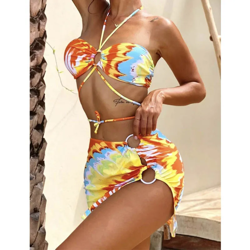 Фото 2021 Y2K Sexy Yellow Print 3 Pieces Swimsuit Bikini Women Swimwear Female Backless Brazilian Set Bathing Suit | Спорт и развлечения