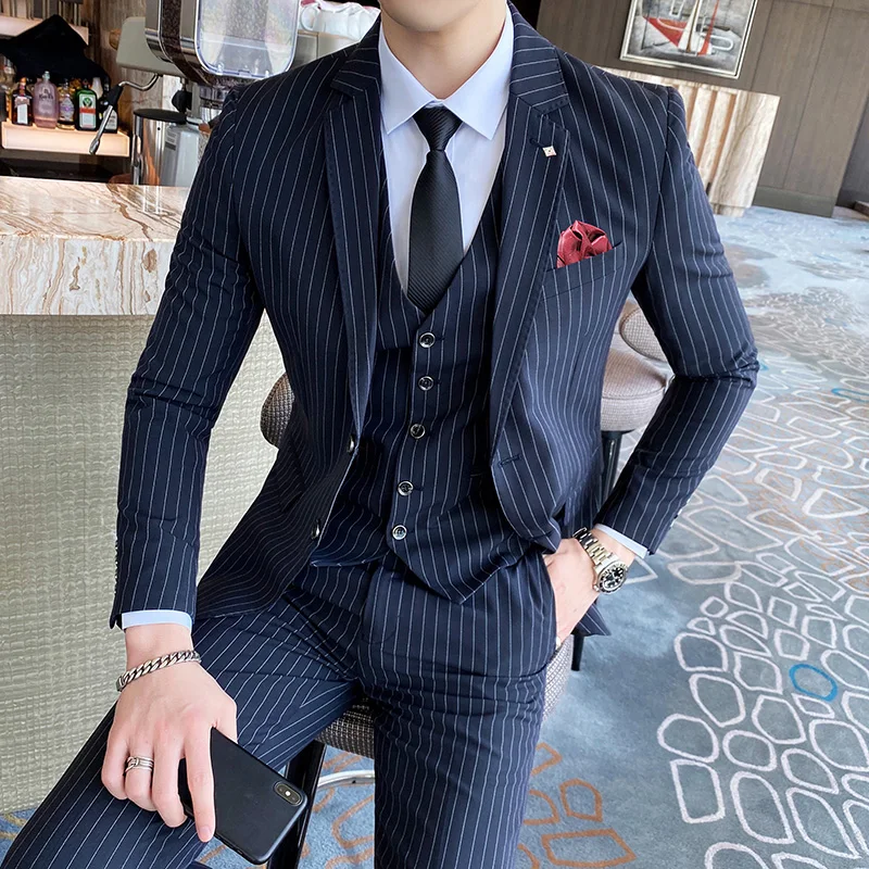 ( Jacket + Vest + Pants ) luxury Fashion Mens stripe Casual Business Suit High-end Social Formal Suit 3 Pcs Set Groom Wedding 
( Jacket + Vest + Pants ) luxury Fashion Mens stripe Casual Business Suit High-end Social Formal Suit 3 Pcs Set Groom Wedding