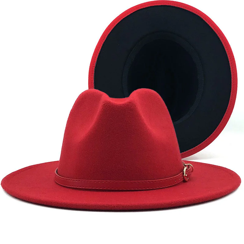 

Unisex Red Simple black Patchwork Felt Jazz Hat Cap Men Women Flat Brim Wool Blend Fedora Hats Panama Trilby Vintage Hat