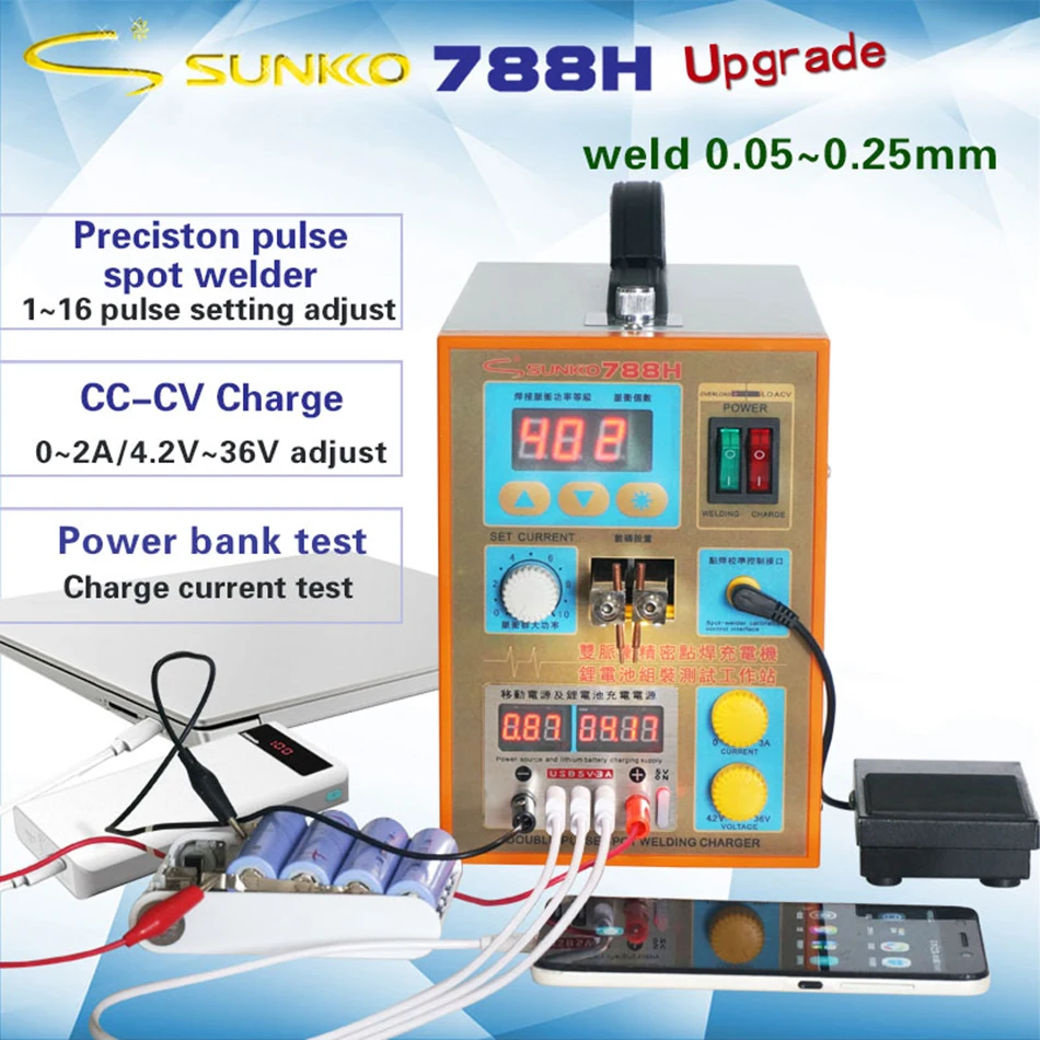 SUNKKO 788H battery spot welding machine LED light lithium battery test USB charging 18650 battery pack welding
SUNKKO 788H battery spot welding machine LED light lithium battery test USB charging 18650 battery pack welding